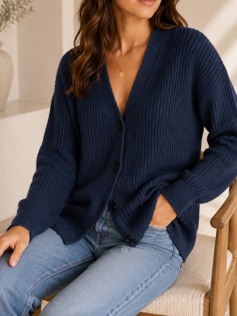 Jenni Kayne Cashmere Navy Waffle Knit Button Front Cardigan Sweater